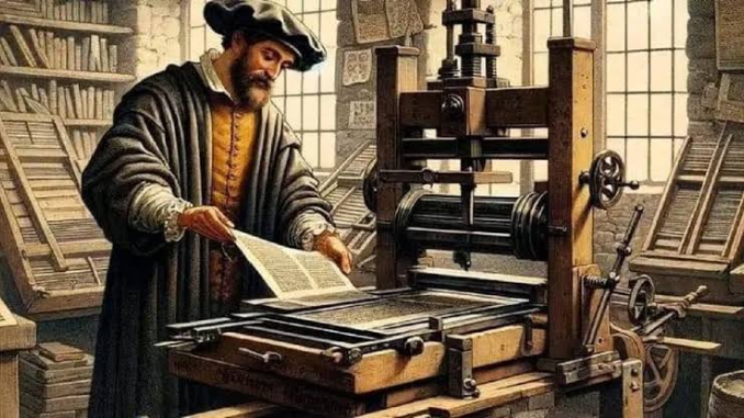 Sekitar tahun 1440 di Mainz, Johannes Gutenberg menghadirkan huruf lepas logam dan sistem cetak yang membuat teks bisa diproduksi ulang dengan jauh lebih cepat.
